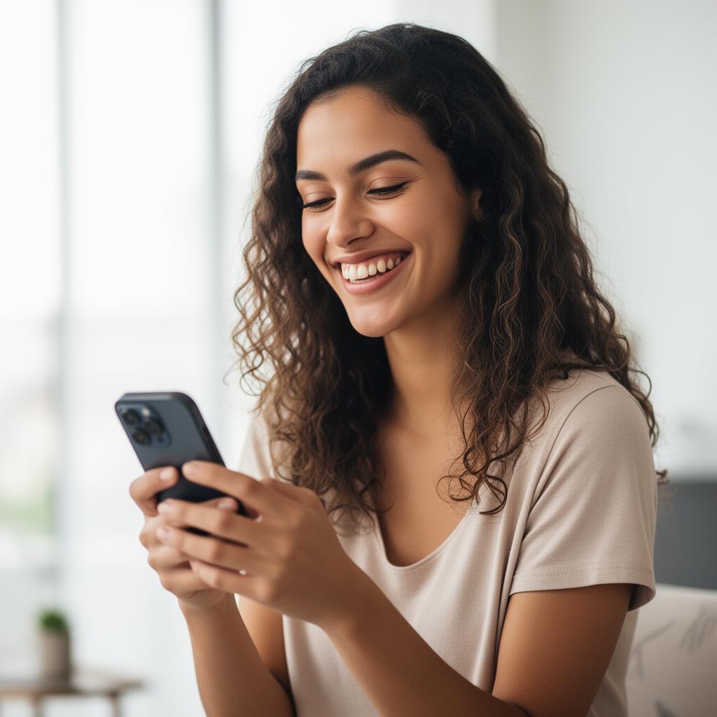 Pessoa sorrindo usando o app do IC Bank